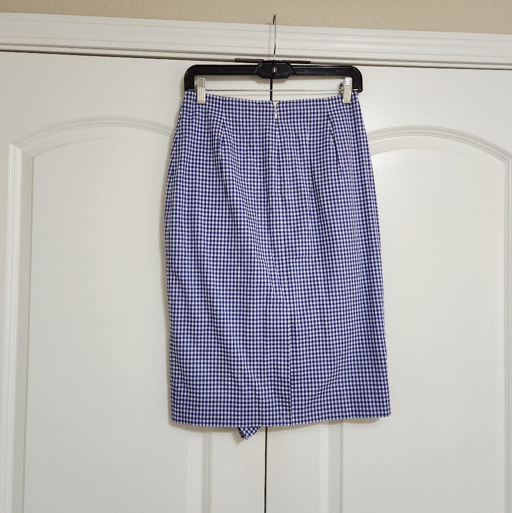 J. Crew Royal Blue and White Preppy Gingham Ruffle-Trim Pencil Skirt - Picture 4 of 8